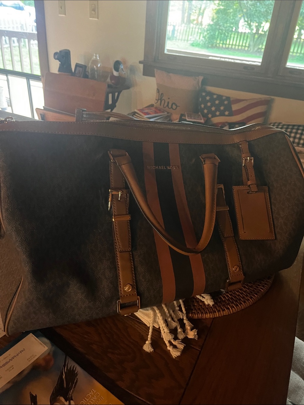 Michael Kors Brown and Black Striped Leather-Trim Duffel